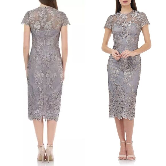 NWT JS Collections Size 8 Lace Embroidered Sheath Dress Taupe Illusion Overlay - Picture 8 of 14